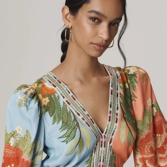 Farm Rio x Anthropologie Long-Sleeve V-Neck Maxi Dress New NWT